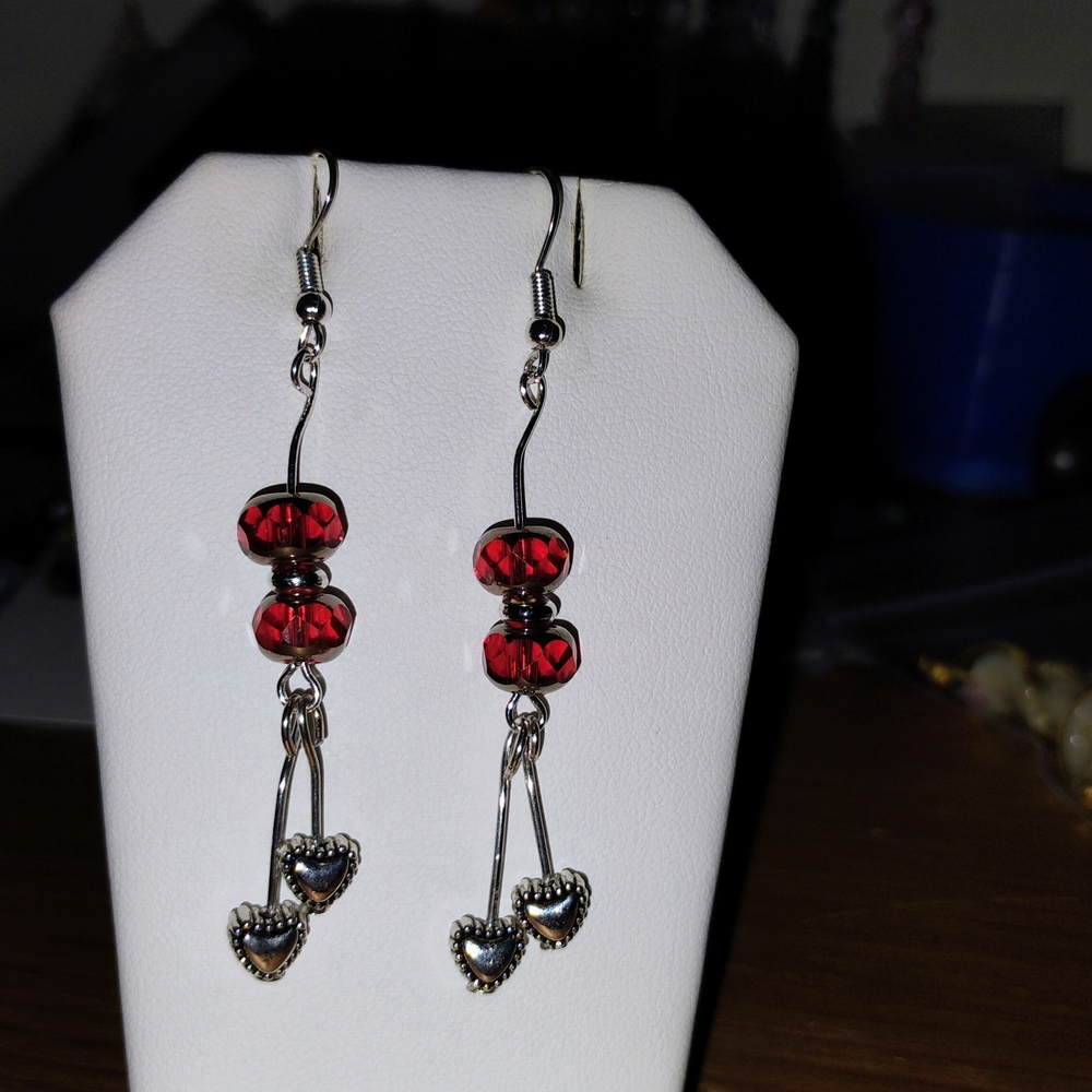 Red Crystal Bead Drop Earrings with Hearts